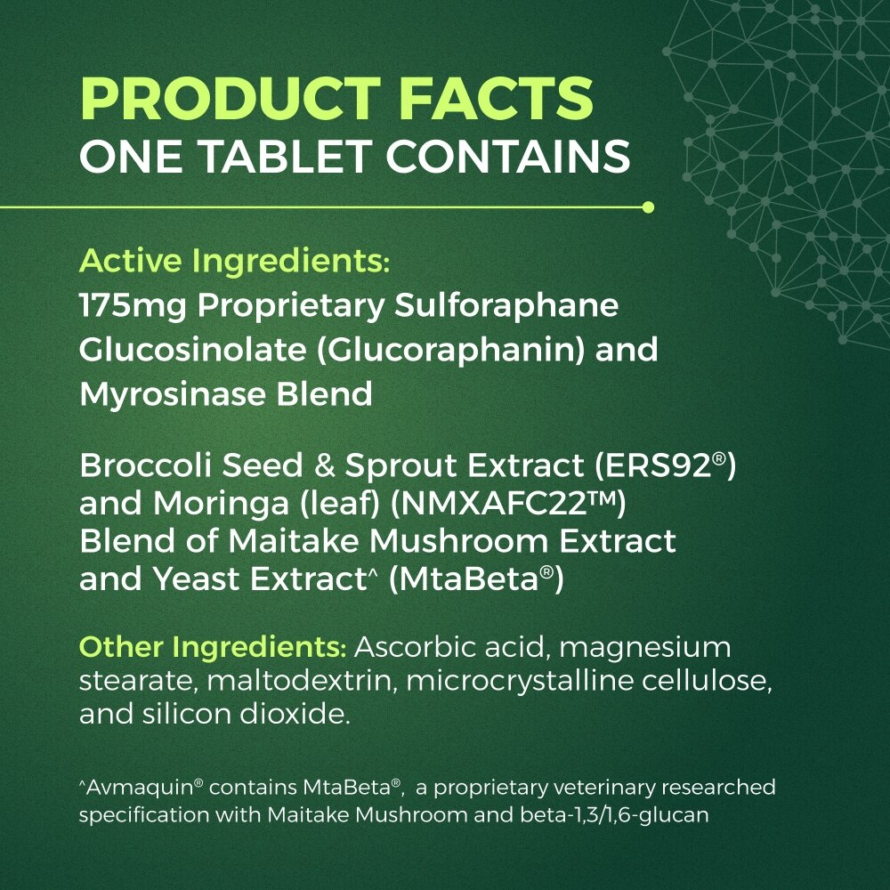 Nutramax Avmaquin product facts - one tablet contains active and other ingredients