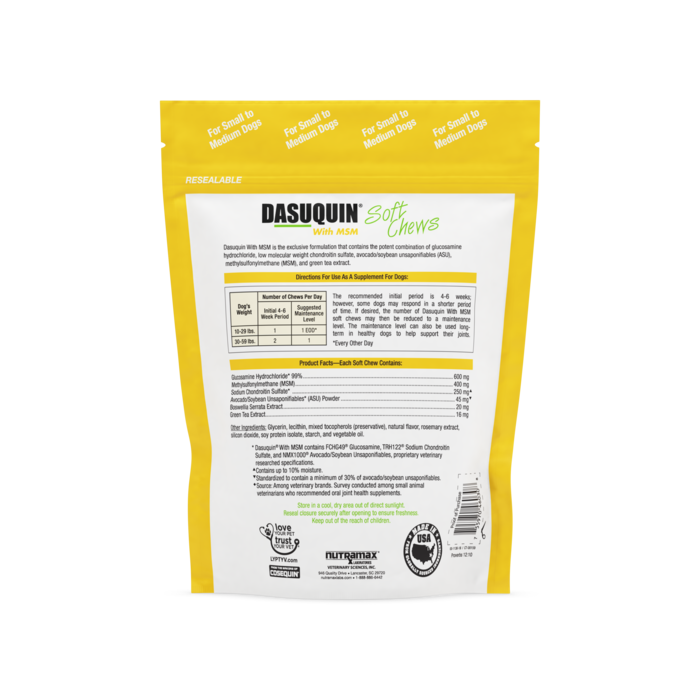 Dasuquin with MSM soft chews 84 count pouch back label with ingredients and administration