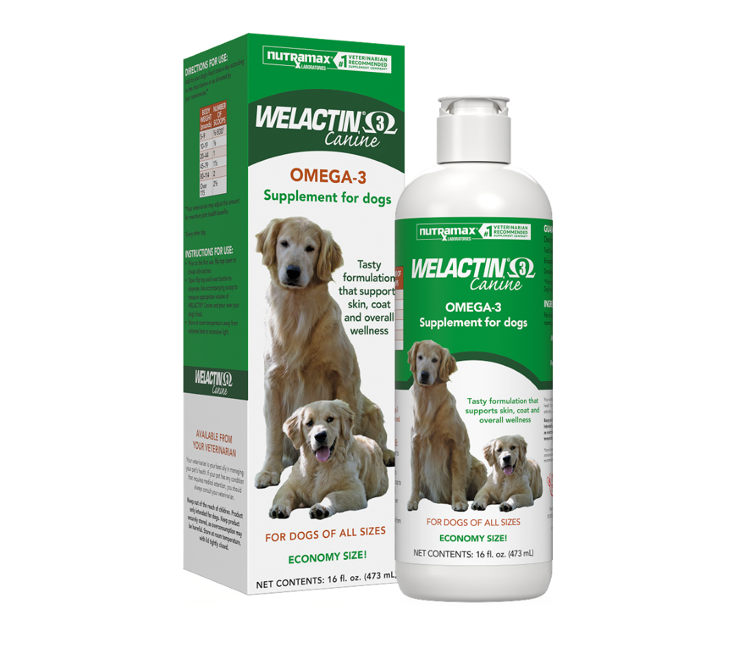 Nutramax Welactin Canine Omega-3 Liquid Supplement for Dogs, 16 fl oz bottle and box