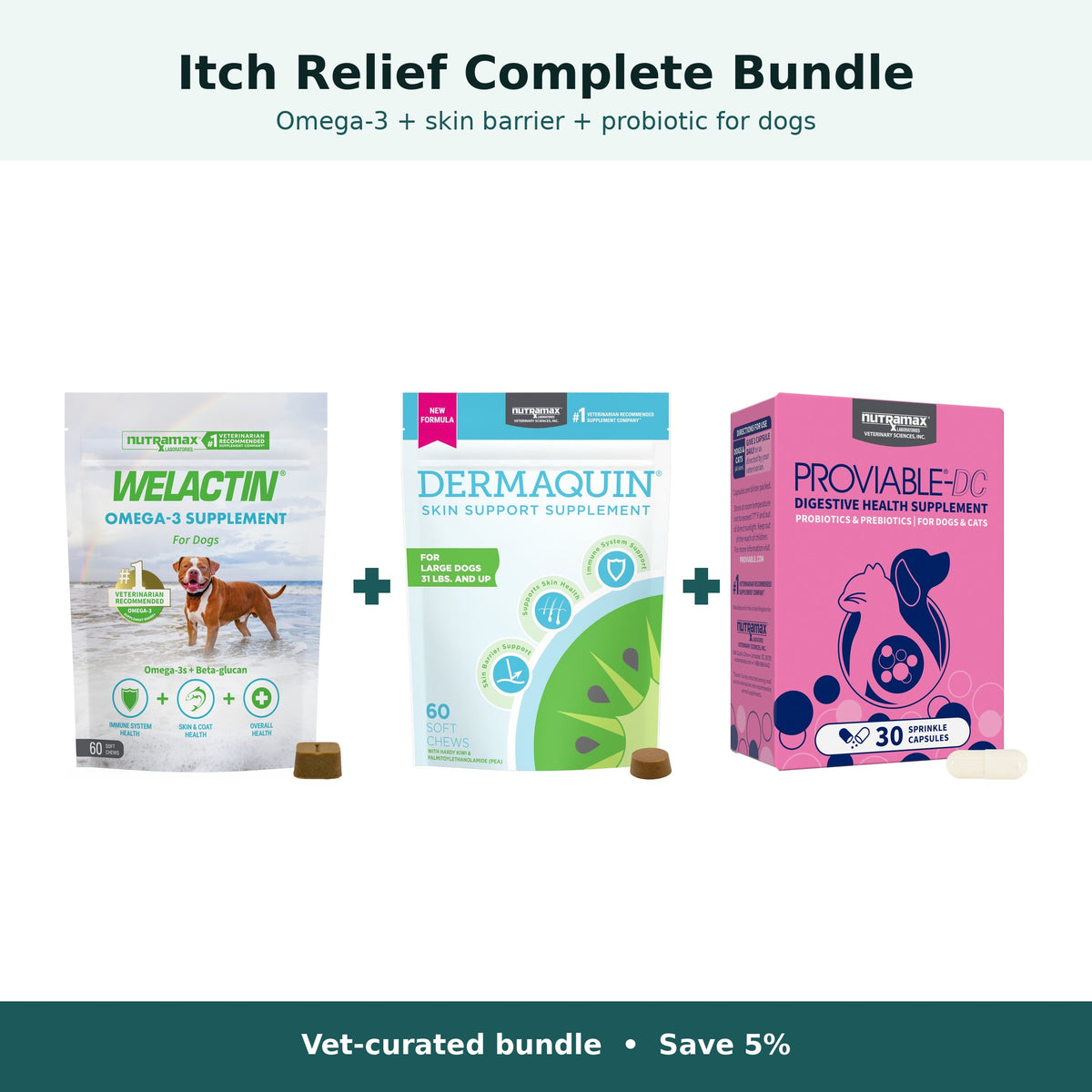 Itch Relief Complete Bundle for dogs 31 lb and over: Nutramax Welactin Omega-3, Dermaquin, and Proviable-DC Probiotic