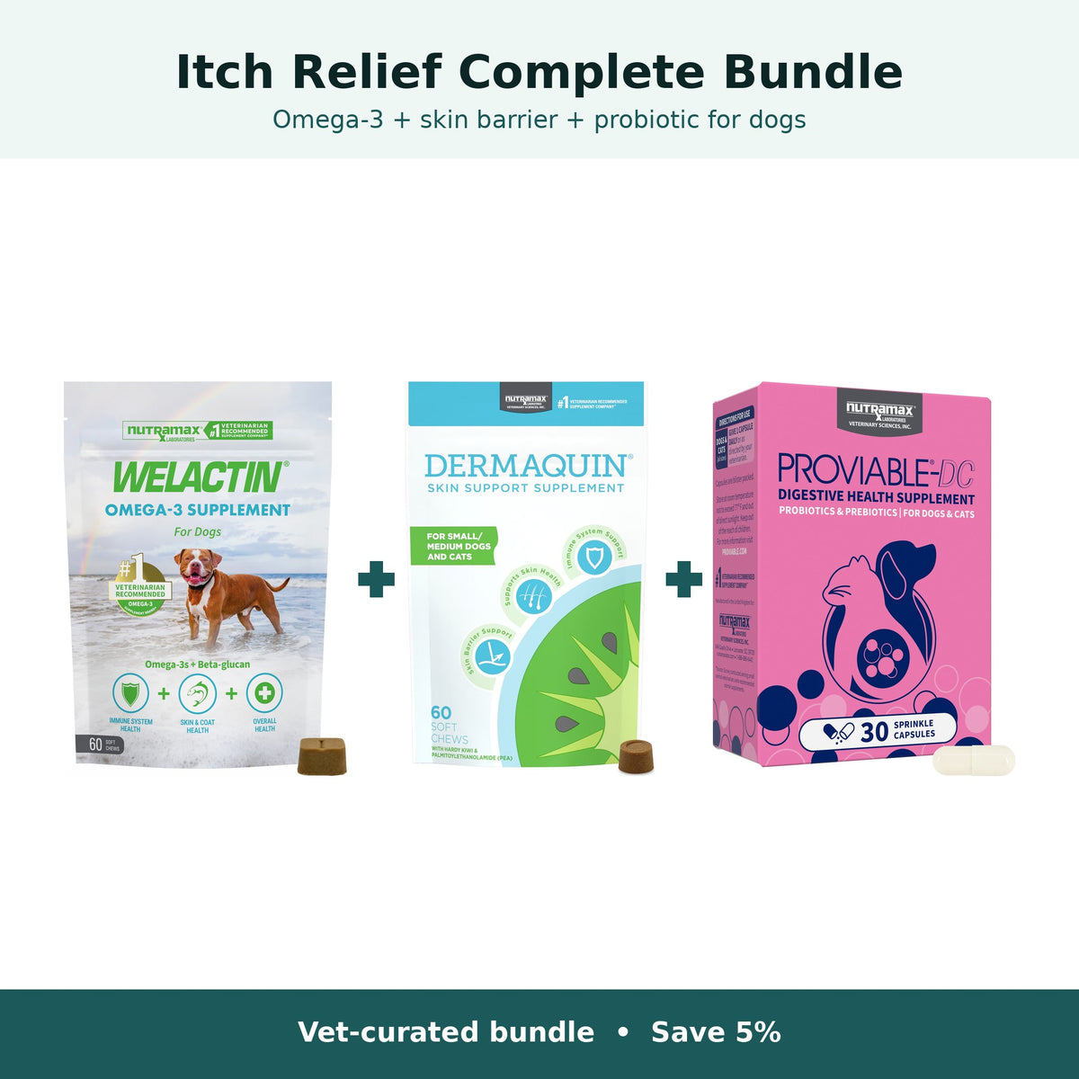 Itch Relief Complete Bundle for dogs up to 30 lb: Nutramax Welactin Omega-3, Dermaquin, and Proviable-DC Probiotic