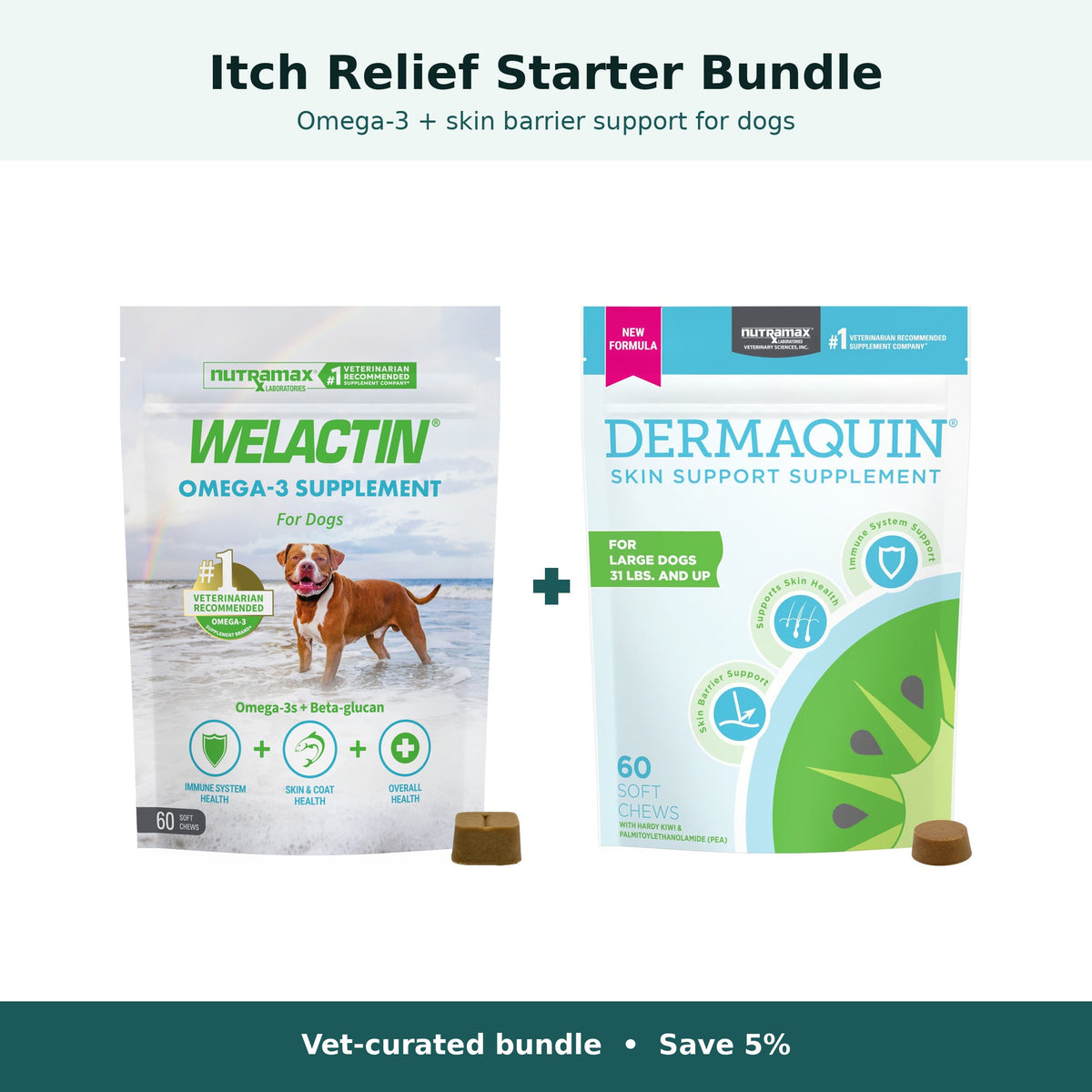 Itch Relief Starter Bundle for dogs 31 lb and over: Nutramax Welactin Omega-3 plus Dermaquin Soft Chews