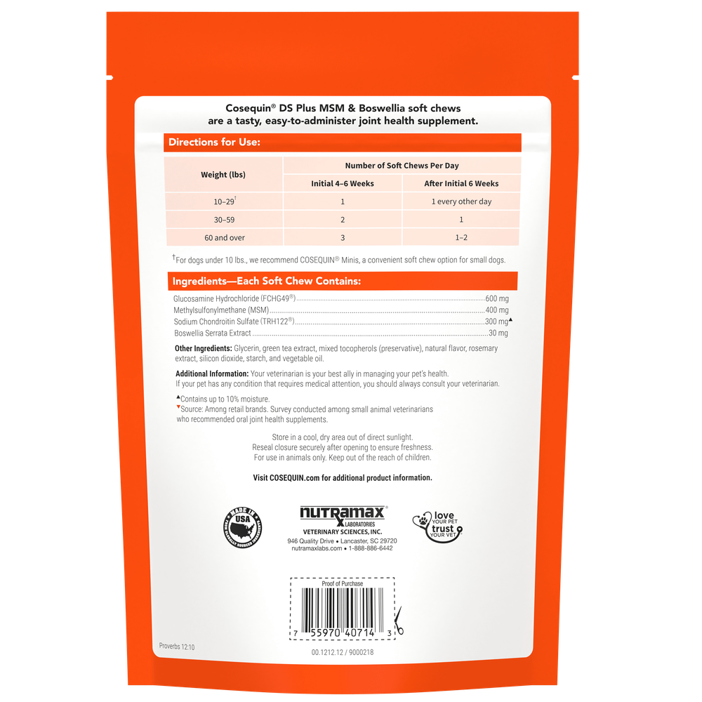 Nutramax Cosequin DS Plus MSM & Boswellia Soft Chews for Dogs, 60ct