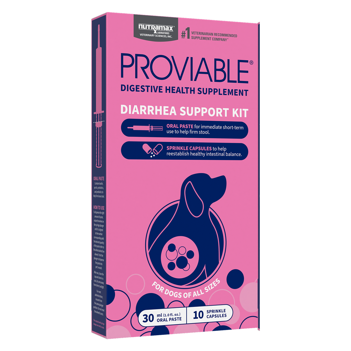 Nutramax Proviable Diarrhea Support Kit for dogs, 30 mL oral paste and 10 sprinkle capsules