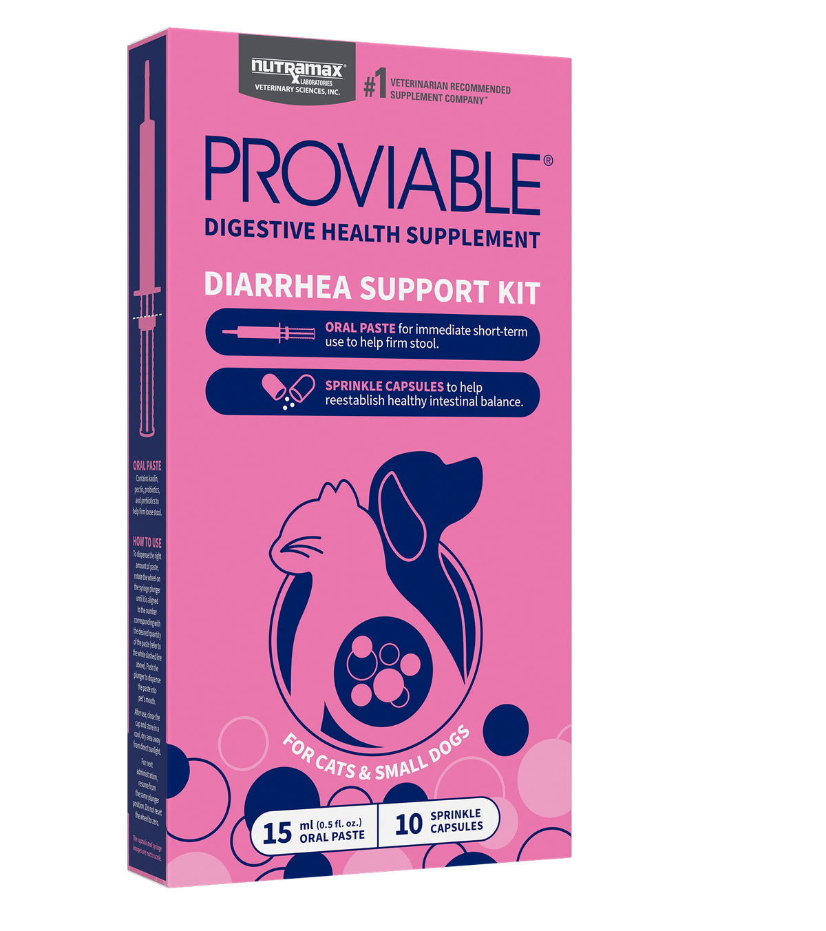 Nutramax Proviable Diarrhea Support Kit for cats and small dogs, 15 mL oral paste and 10 sprinkle capsules